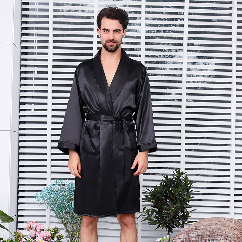 Roupão de seda de cor preta masculina fina de manga comprida sleepwear robes com cinto 5xl tamanho grande dos homens quimono roupão de cetim roupas de casa