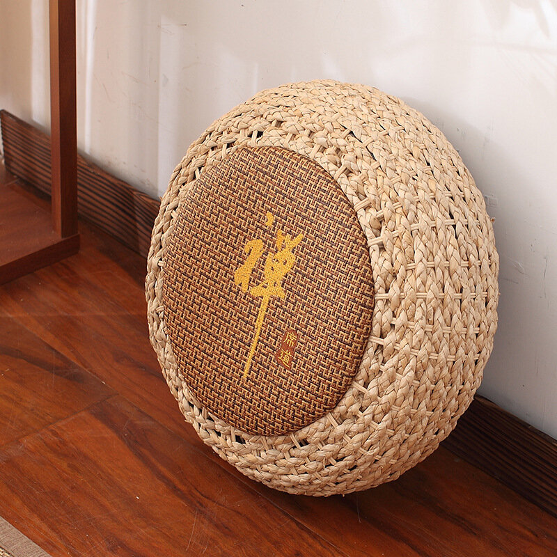 Almofada estilo nórdico simples e artesanal, tapete redondo de palha e rattan, tatami japoneses