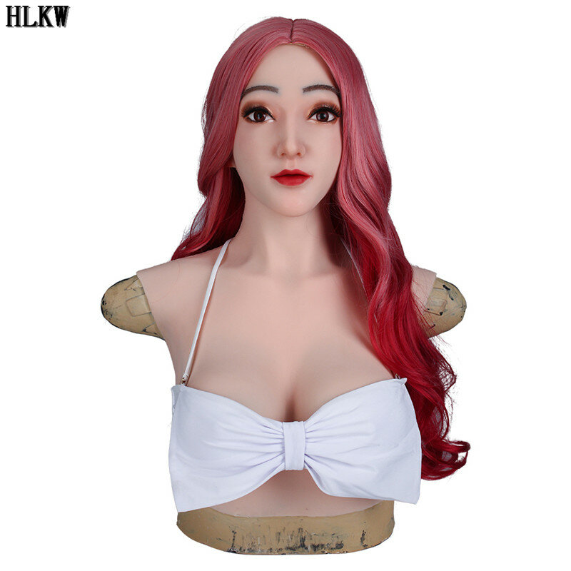New E Cup Fake Silicone Breast Forms Head Mask Half Body Huge Boobs Transgender Drag Queen Shemale Mask Crossdress for Men Cos