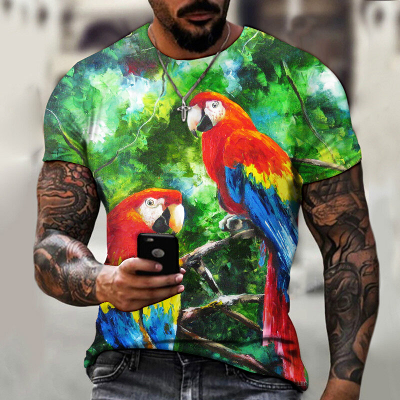 Kaus Pria dan Wanita Cetak 3D HD Warna Burung Beo Dunia Binatang Atasan Lengan Pendek Musim Panas Ukuran Besar Lengan Pendek