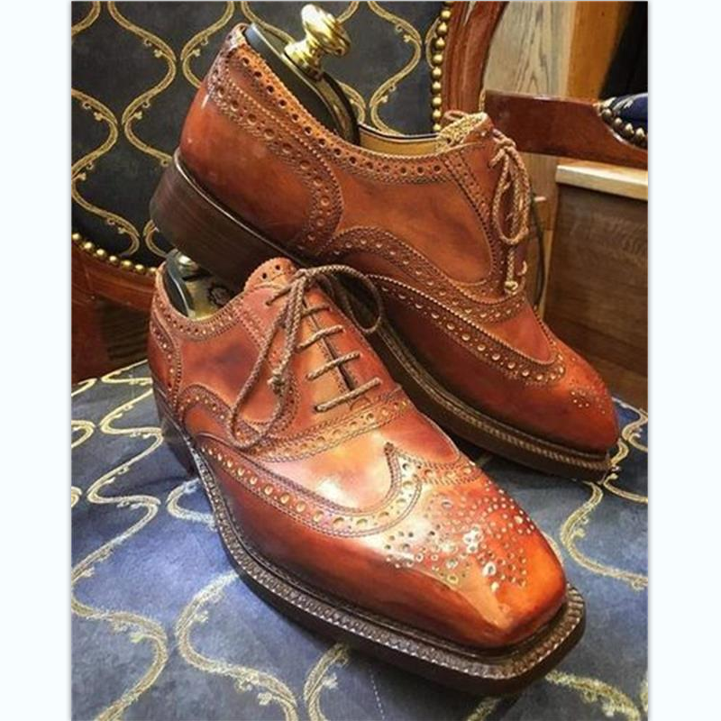 2021 New Men Shoes Handmade Brown PU Personality Square Head Hollow Carved Comfortable Fashion Trend Dress Brogue Shoes 3KC686