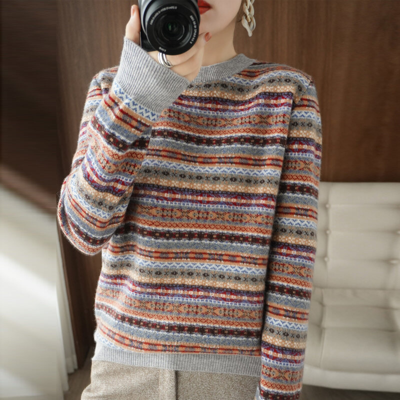 Suéter de lana gruesa para mujer, camisa de cuello redondo a rayas, Jersey corto, tejido, estilo izy, otoño e invierno, 2021