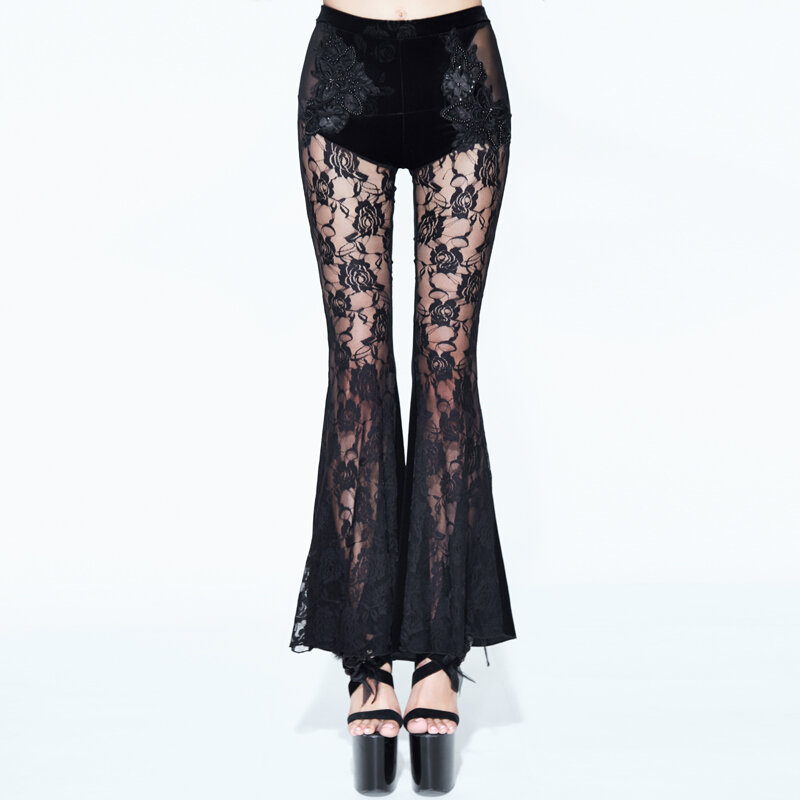 Damskie spodnie w stylu gotyckim Flare elastyczne spodnie w pasie koronkowe legginsy
