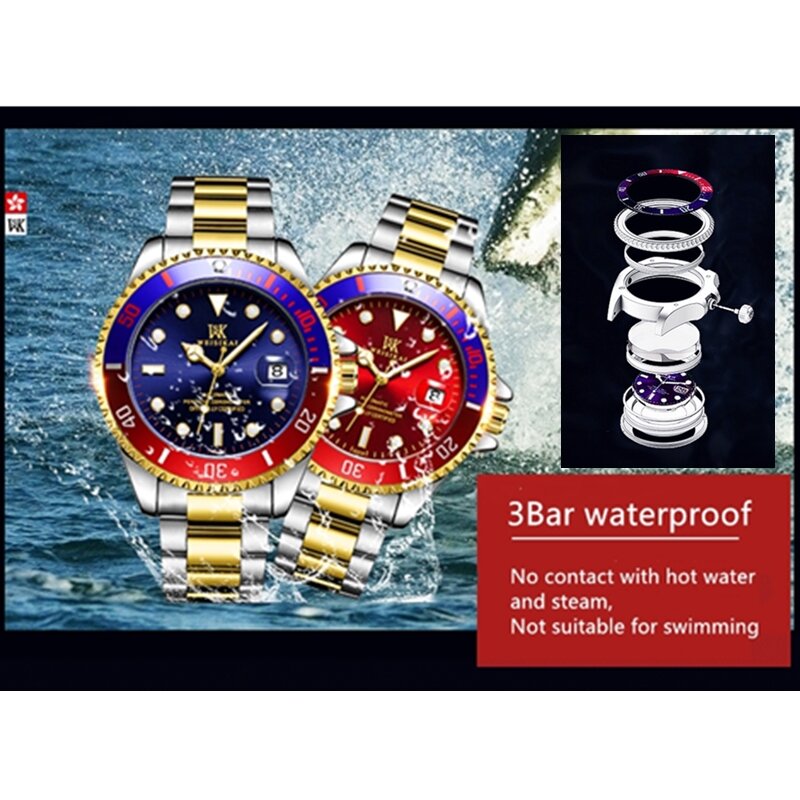 Relógio mecânico automático de 6008, relógio masculino de marca weisikai de aço inoxidável à prova d'água mecânico para esportes de negócios