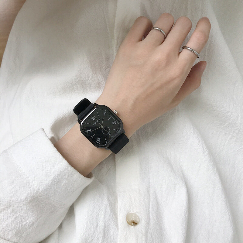Relojes negros cuadrados simples para mujer, relojes de pulsera de cuero informales a la moda, reloj de cuarzo femenino con esfera de escala Retro Roma 2021