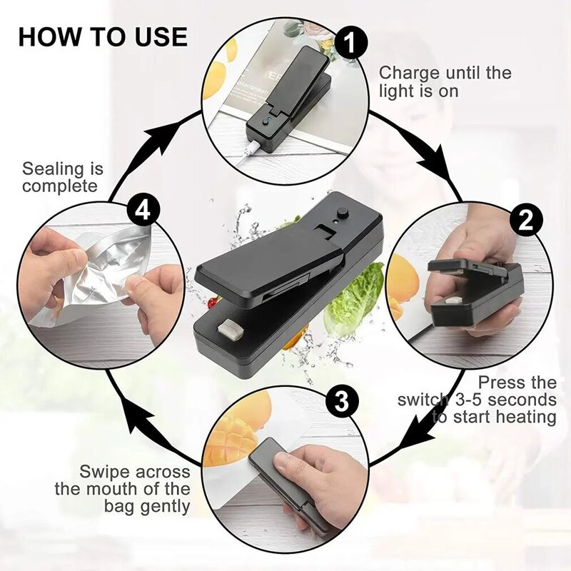 USB شحن صغيرة قابلة لإعادة الملء فراغ ختم آلة الحرارية آلة قطع وجبة خفيفة البسكويت المطبخ حقيبة طعام بلاستيكية سدادة حرارية
