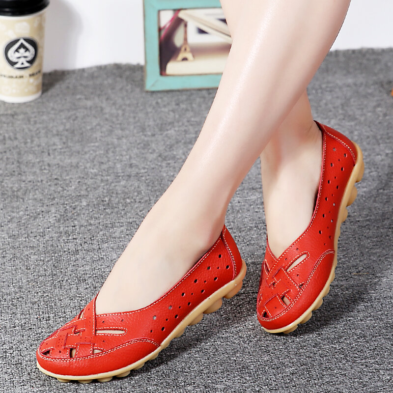Cut Outs Summer Women's Casual Shoes Genuine Leather Woman Flats Slip On Female Loafers Lady Boat Shoe Big Size 35-44