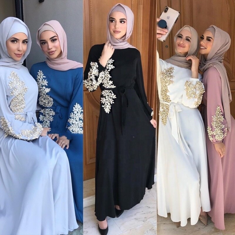 Abaya Dubai Thổ Nhĩ Kỳ Hồi Giáo Hijab Đầm Dài Caftan Marocain Hồi Giáo Quần Áo Nữ Ramadan Đầm Hồi Giáo Áo Dây Musulman