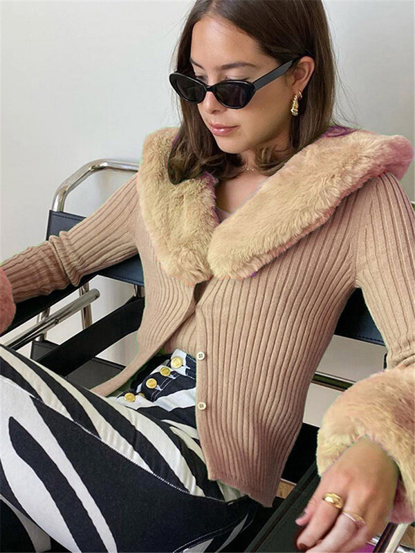 Tossy 모피 리브 니트 가디건 긴 소매 자른 탑 여성 새로운 스웨터 2022 겨울 슬림 패션 니트 코트 화이트 니트웨어