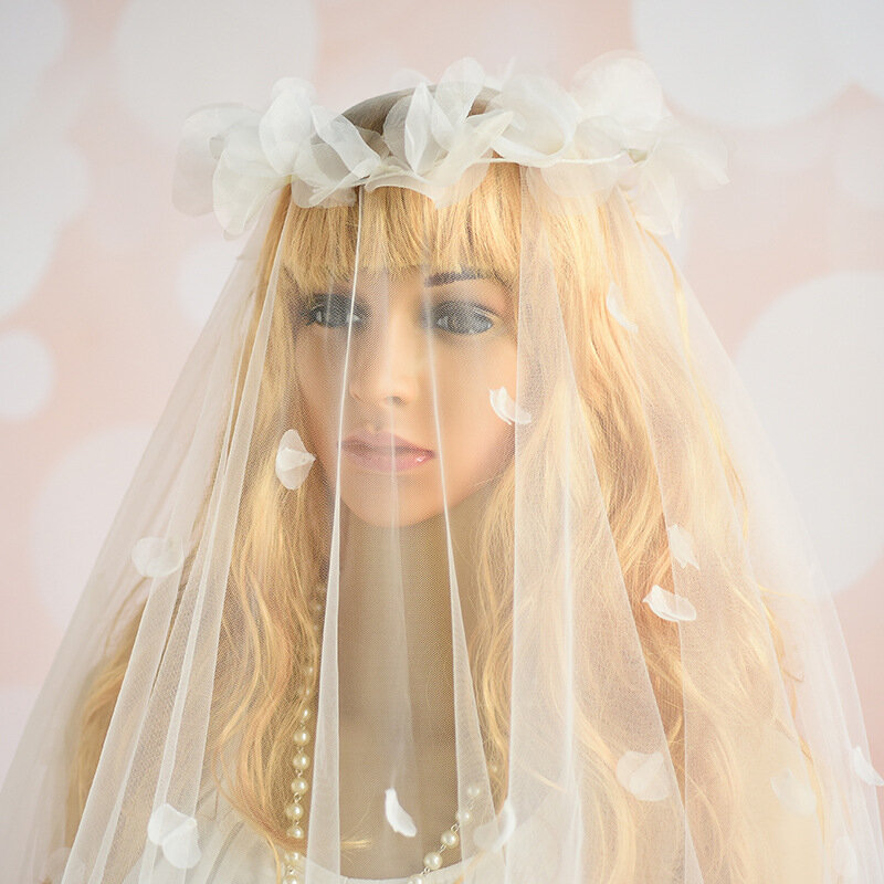 NiuShuya-حجاب زفاف شبكي طويل ، 1.5 × 2 متر ، طبقة واحدة ، زخارف زهرة البتلة الرومانسية ، غطاء رأس ، حجاب شعر الزفاف الخيالي الطويل