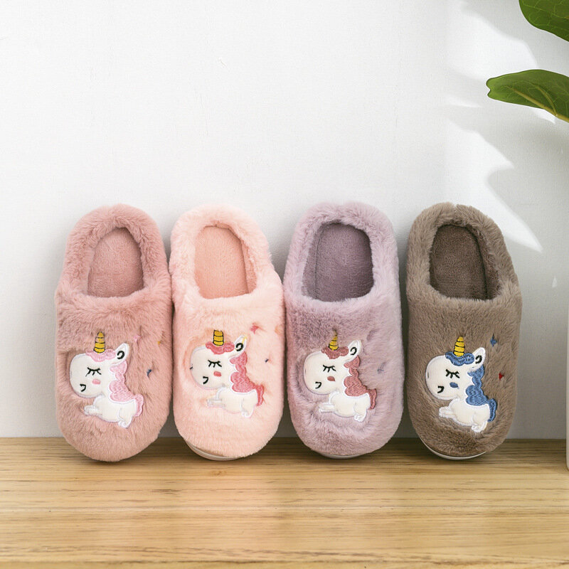 Zapatillas de algodón para niño y niña, pantuflas cálidas y antideslizantes para interiores, dibujos animados, unicornio de Color caramelo, invierno, 2020