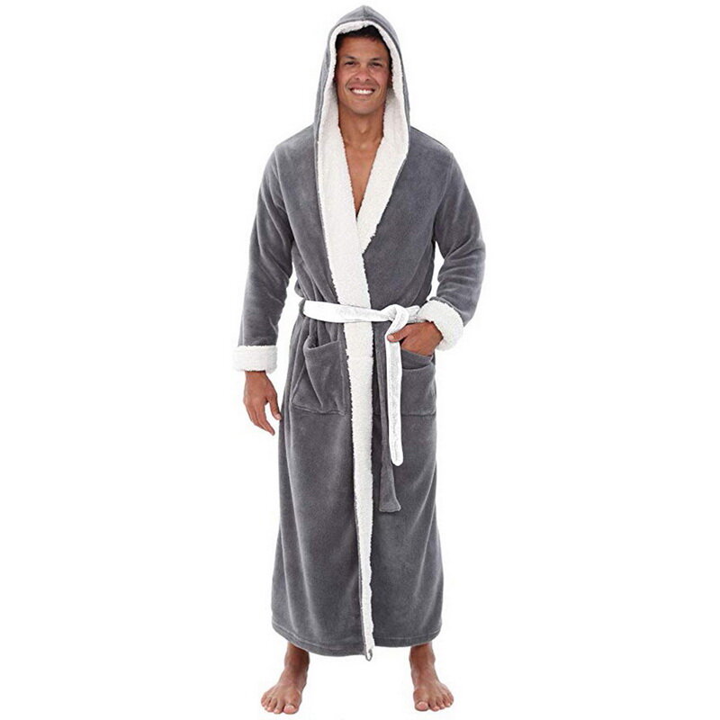Bathrobe Man Flannel Hooded Winter Men's Bathrobe Plush Lengthened Homewear Men's Robe Winter Warm Terry Robe Pajama Nightgown