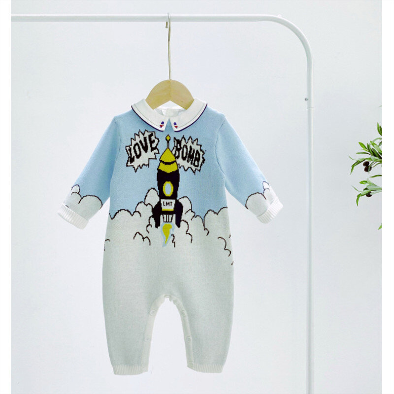 Baby Boy dzianiny pajacyki niemowlę haft kombinezon maluch jesienno-zimowa noworodka dzianiny kombinezony butikowa odzież dziecięca