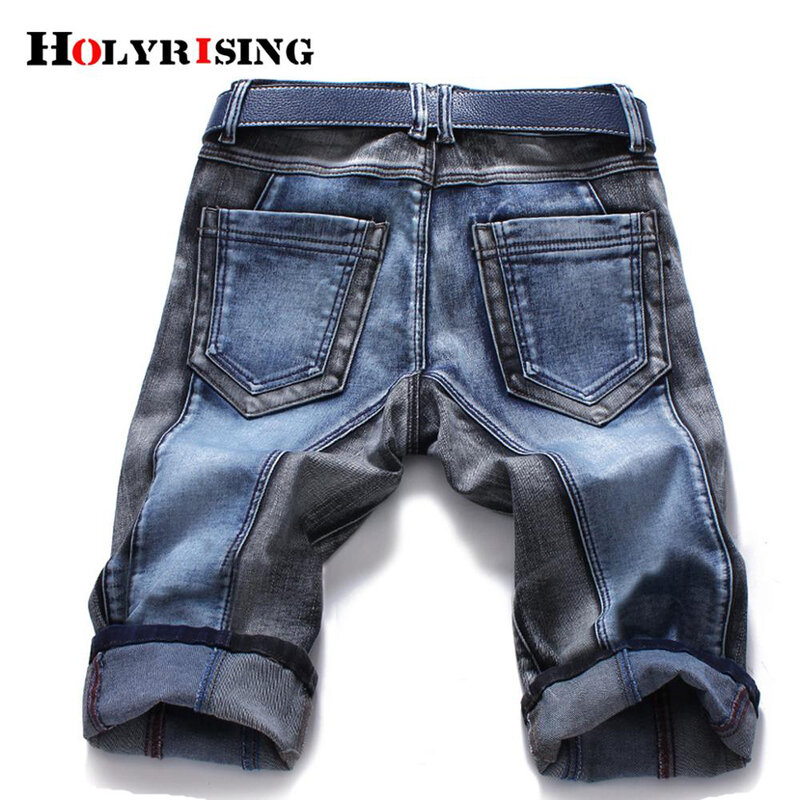 Holyrising Men Casual Denim Stylish Elastic Ripped Mid Waist Slim Fit Patchwork Knee-Length Denim Short Pockets Size 27-46