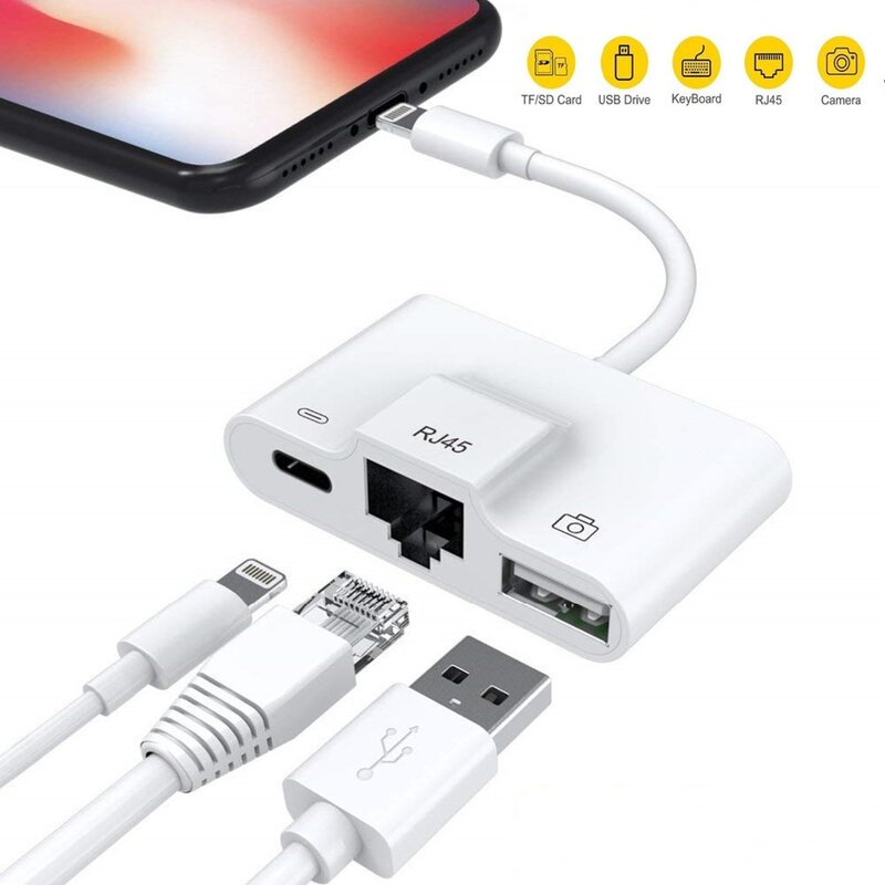 Lightning do LAN 100Mbps Ethernet RJ45 Adapter OTG USB czytnik kamery dla iPhone/iPad 3 w 1 złącze adaptera ładowarki