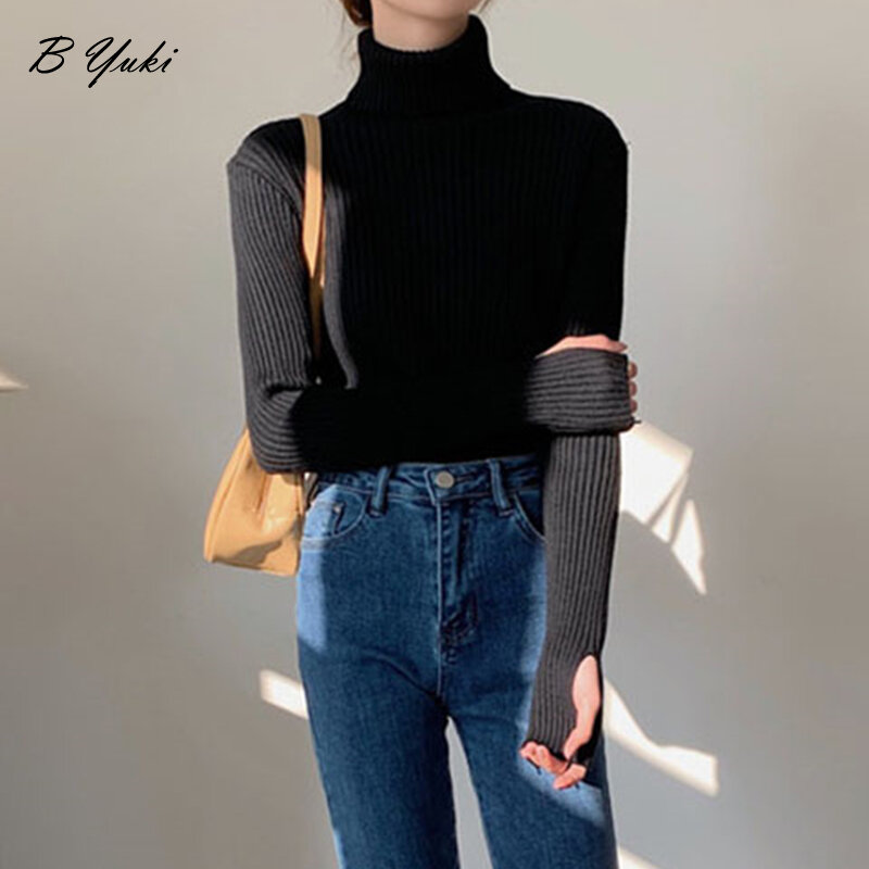 Blesyuki-suéter básico de cuello alto para mujer, jerseys Vintage de manga larga sólidos, Tops coreanos que combinan con todo