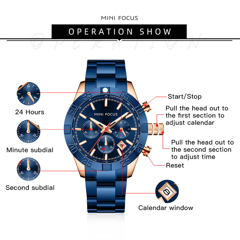 MINI FOCUS orologio sportivo blu sub-quadranti multifunzione calendario uomo d'affari orologi da polso al quarzo cinturino in acciaio inossidabile Dropship