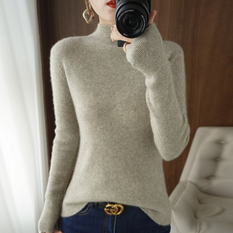 Sweter 2021 Musim Gugur Musim Dingin Baru Perempuan Semi-tinggi Leher Warna Solid Pullover Sederhana Iong Lengan Ramping Pelangsing Wol Kemeja