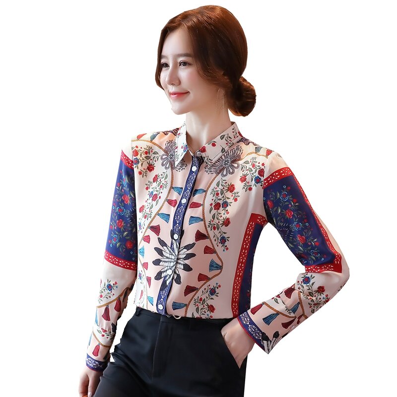 Feminino primavera outono turn-down colarinho retro padrão de impressão carreira elegante senhora do escritório camisas de manga completa topos