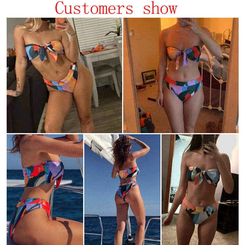 Mossha Bikini Pinggang Tinggi Brasil 2021 Bandeau Simpul Baju Renang Colorblock Cetak Pakaian Renang Wanita Seksi Push Pakaian Mandi Pakaian Pantai