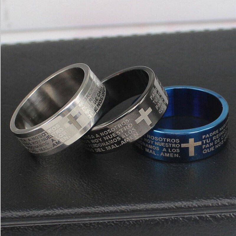 Vendita calda croce scrittura anello in acciaio inossidabile anello in acciaio al titanio moda classica semplice banchetto regalo anelli da uomo all'ingrosso