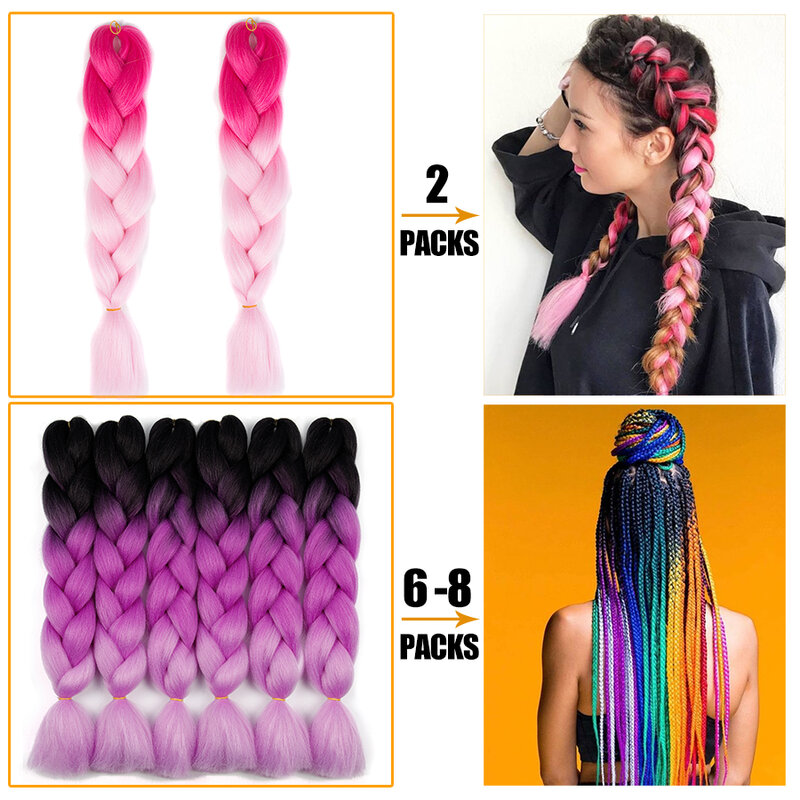 人工毛エクステンション,ピンク,パープル,イエロー,ゴールドの三つ編み,ボックス