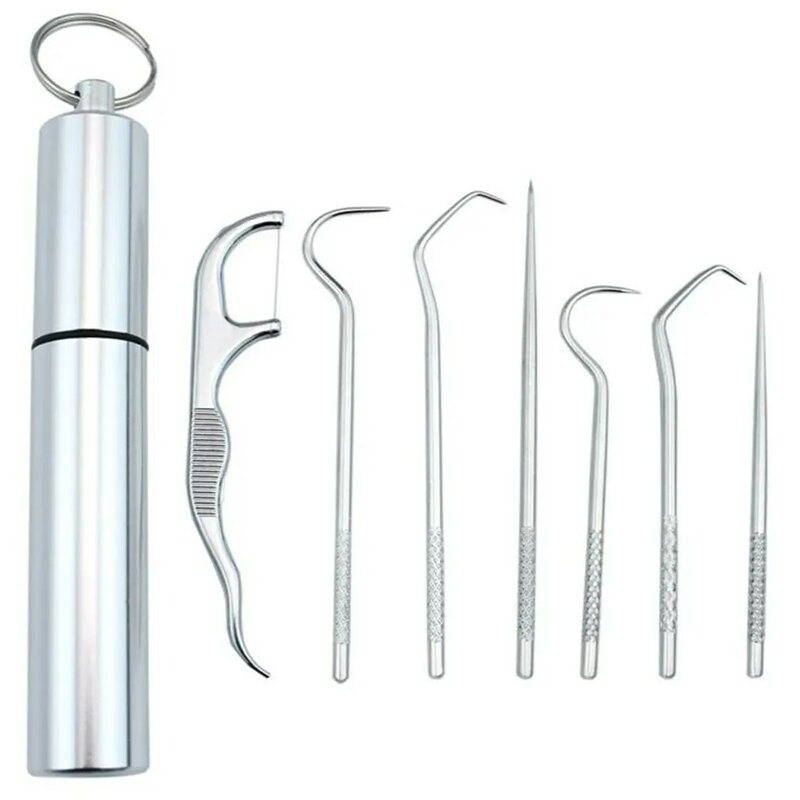 1 conjunto de aço inoxidável toothpick conjunto ferramentas limpeza oral portátil dente fio dental artefato acampamento piquenique ao ar livre reutilizável palito