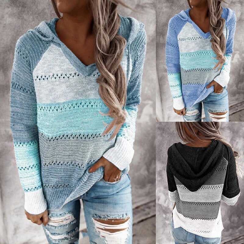 여성 긴 소매 후드 티 스웨터 컬러 블록 중공 니트 v 넥 스웨트 탑스