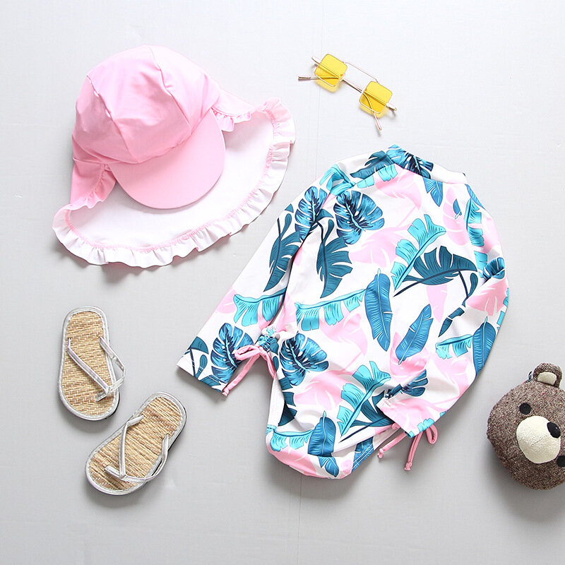 Swimwear for Girls UPF50 Children's Swimsuit One Piece Little Girl Bathing Suit Leaf Print Long Sleeves Rashguard Swimming Suit