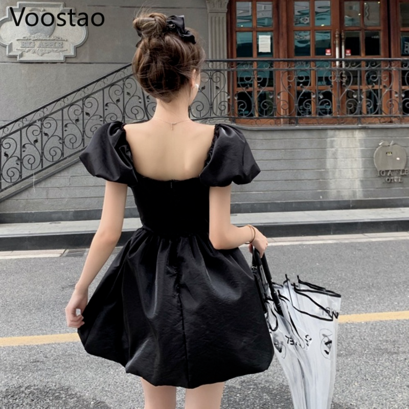 Gótico harajuku preto mini vestido de verão feminino doce puff manga em forma de coração rendas babados vestidos de festa feminino chique vestido de férias