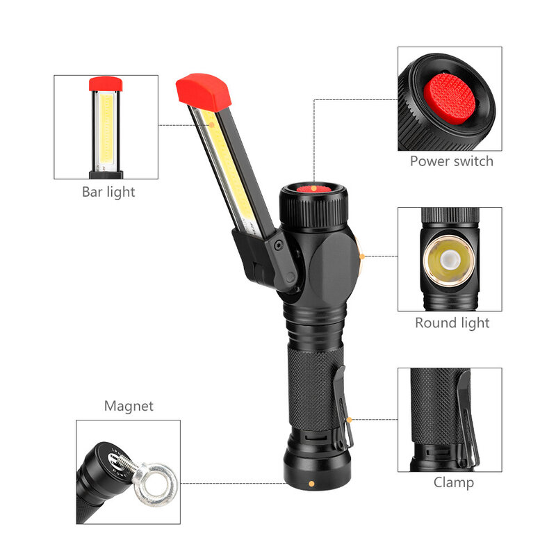 مصباح يدوي USB قابل لإعادة الشحن مع بطارية مدمجة ، مصباح عمل قابل للطي متعدد الوظائف ، مصباح يدوي COB LED للتخييم
