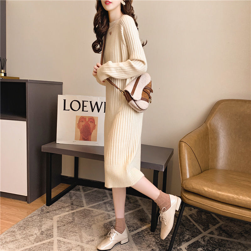 Suéteres de punto coreanos para mujer, vestidos largos de talla grande 4XL, ropa de oficina, color negro, invierno, 2020