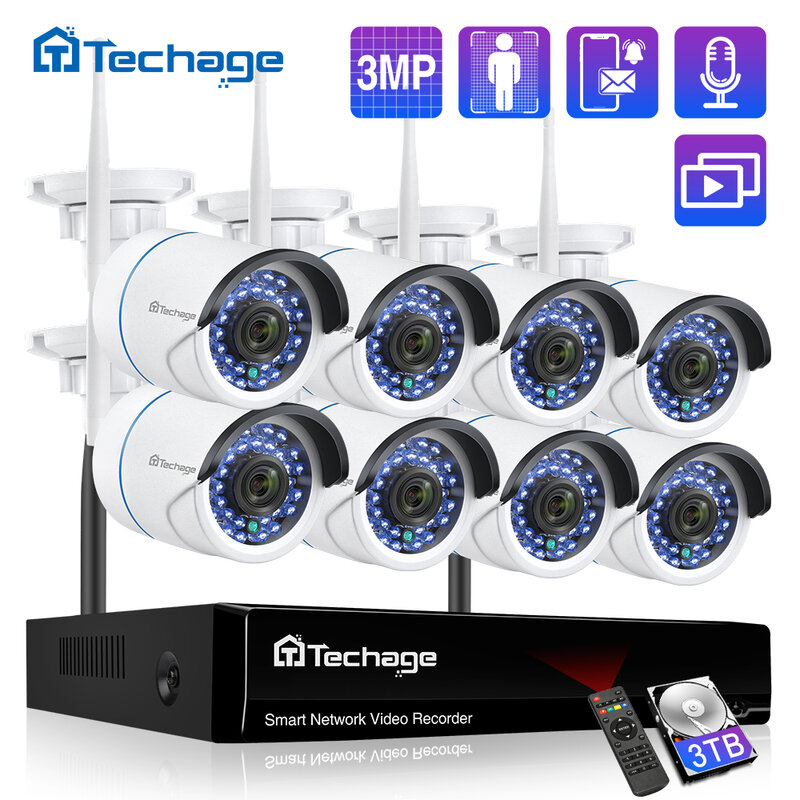 Techage Nirkabel 3MP 8CH Keamanan CCTV NVR WIFI Kamera Kit AI Merekam Audio Outdoor P2P IP Kamera Video Surveillance set