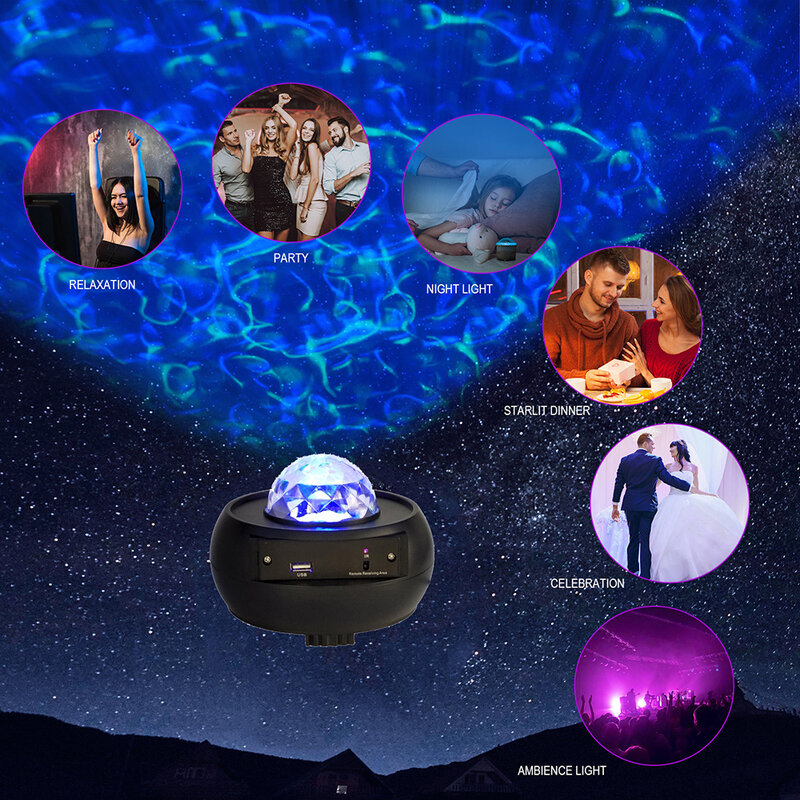 Projektor LED gwiazda lampka nocna Galaxy gwiaździsta lampka nocna projektor fal oceanicznych z muzyką pilot głośnika Blueteeth dla dziecka