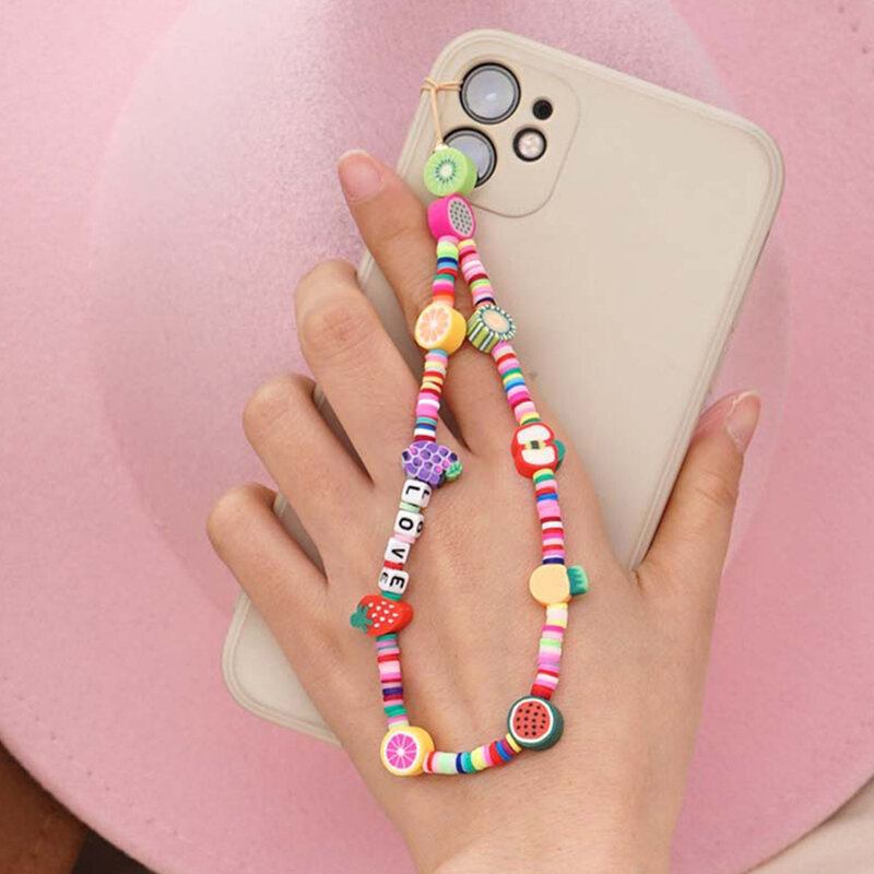Étui de téléphone portable 1 pièce, bijoux Heishi perles, chaîne en cristal pour lanière de téléphone, chaînes lettre lanière