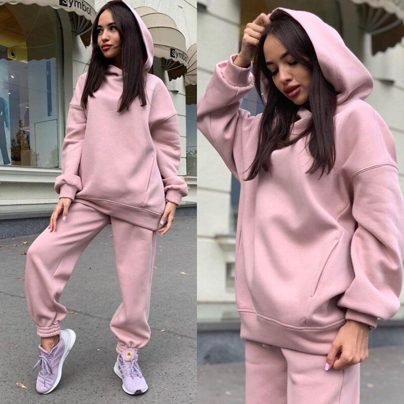 Casual Solid Gray Women 2 Piece Sets Hooded Pocket Loose Female Hoodies High Waist Lace Up Long Trouser Fashion 2021
