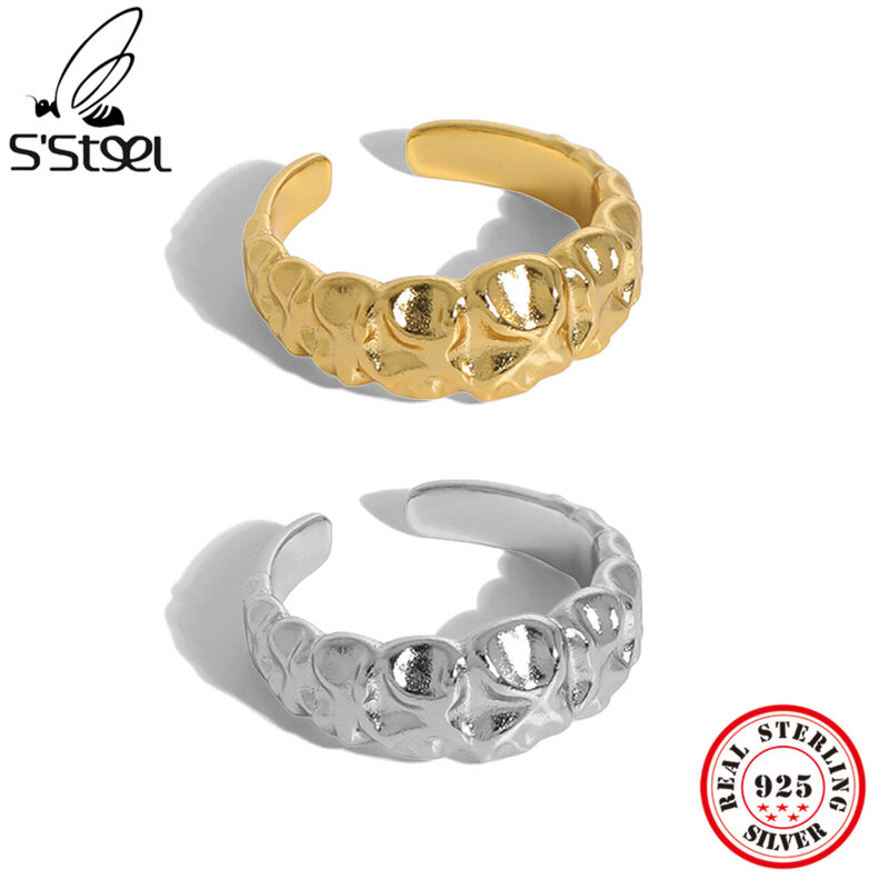S'STEEL الفضة الاسترليني 925 تصميم بسيط غير النظامية مقعر محدب سطح افتتاح حلقة للنساء الجمالية غرامة مجوهرات