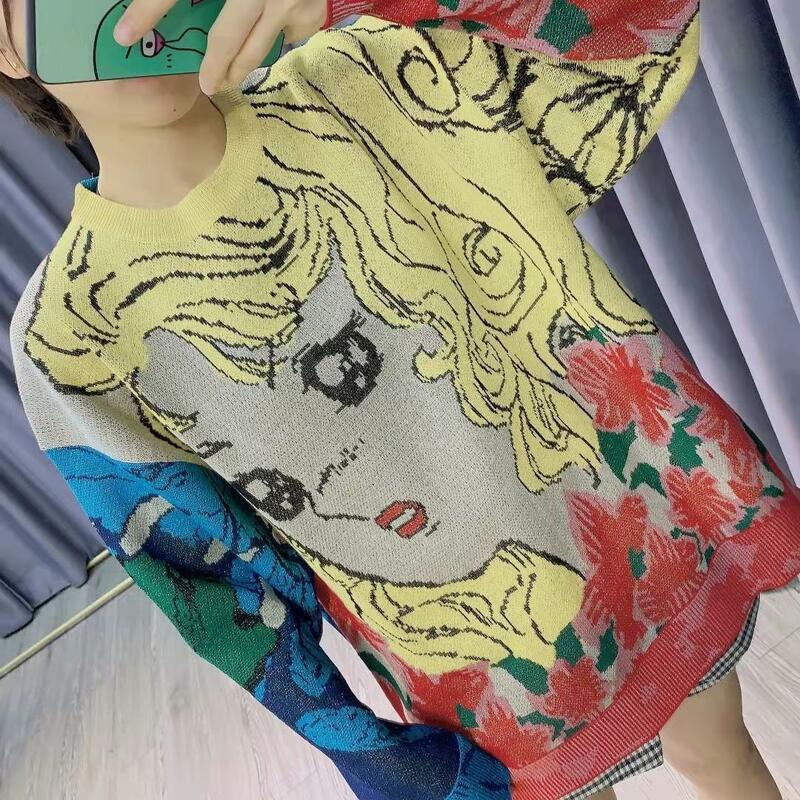 Fashion Tide  Autumn Winter Women Cartoon Pullover Sweaters Kpop  Hit Color Mujer Vintage O Neck Long Sleeve Jumper Femme Ins