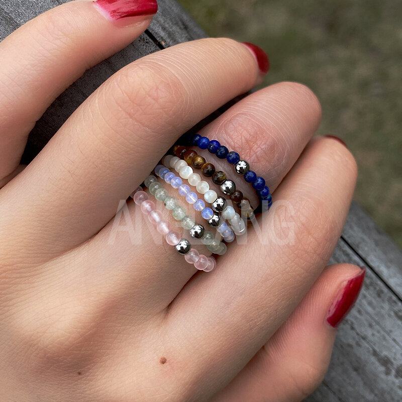 คริสตัลหินธรรมชาติ Energy 2มม.รอบลูกปัดแหวนผู้หญิงง่ายปรับงานแต่งงานแหวนเครื่องประดับ Bohemian