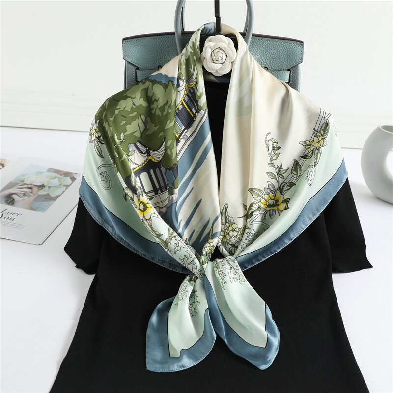 ヒジャーブ-花柄の女性用スクエアスカーフ,サテンシルク,幅90cm,ヘッドバンド