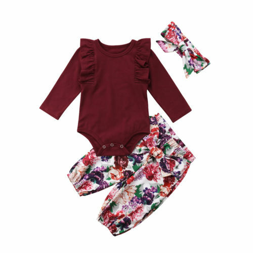 Conjunto de roupas para bebês recém-nascidos, 2 peças, macacão manga longa + calça floral + tiara, roupas de 0 a 18 meses