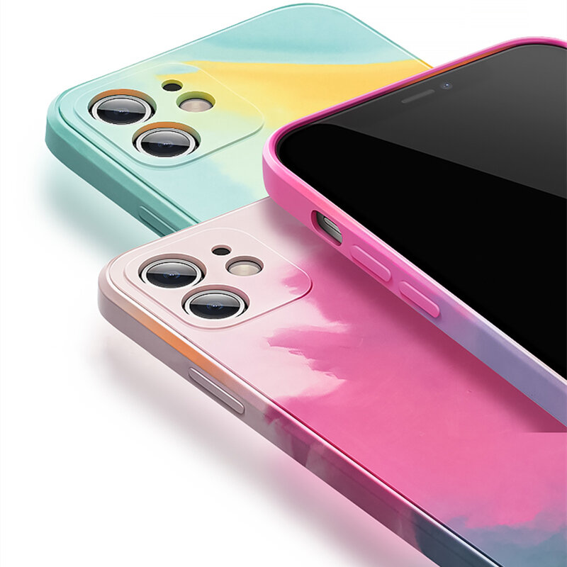 Жидкий силиконовый роскошный квадратный чехол с акварельным для Apple iPhone 12 11 Pro Max X XR XS Max Painti Красочные градиент Мягкая обложка