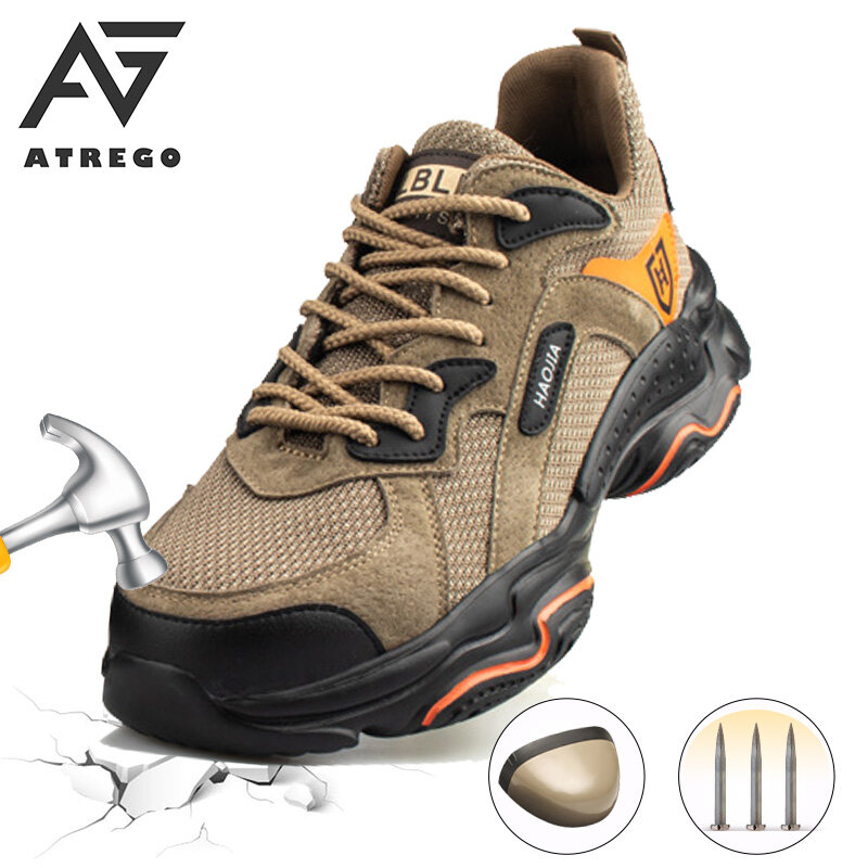 AtreGo-남성용 가죽 안전 신발, 스틸토 캡, 하이킹 신발, 야간 반사, 펑크 방지 경량, 튼튼한 작업 부츠