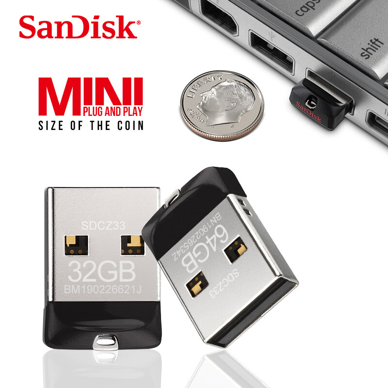 SanDisk-pendrive CZ33 Cruzer Fit mini, unidad Flash USB 128, 16GB, 32GB, 64GB, 2,0 GB, Original