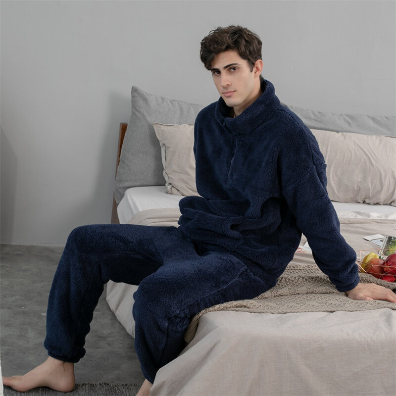 Nieuwe Winter Pyjama Vrouwen Coral Fleece Paar Pyjama Set Plus Dikke Warme Thuis Service Effen Half-Hoge Kraag Nachtkleding