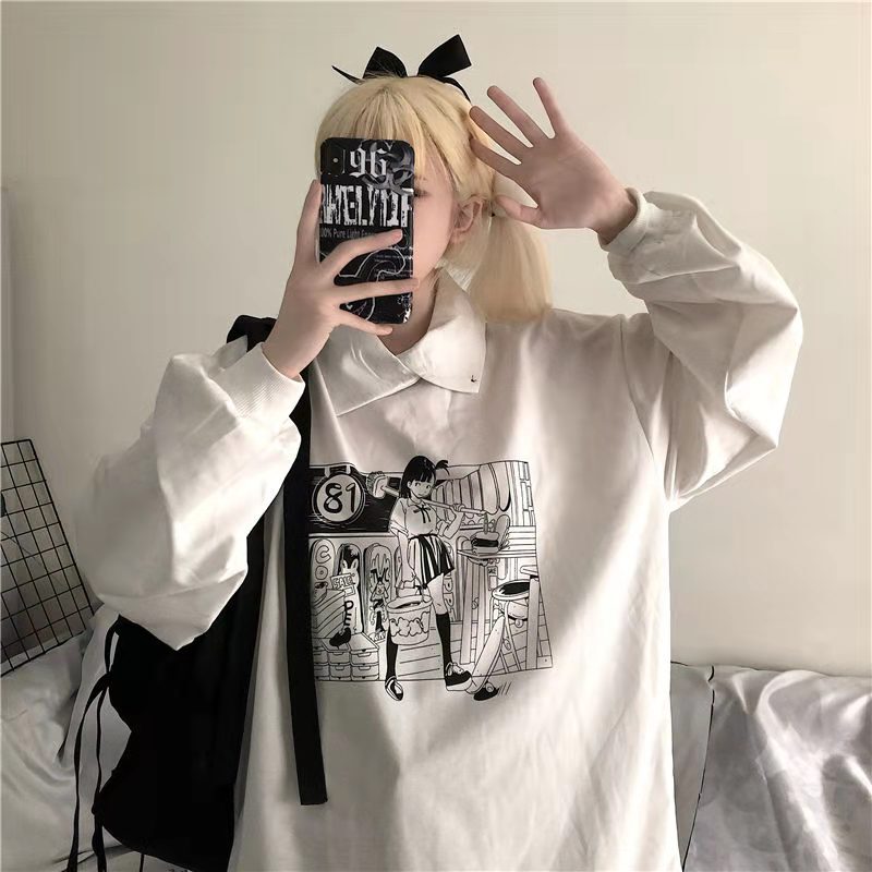 T-shirt autunno 2021 nuove donne stampa animazione giapponese Harajuku sciolto coreano girocollo manica lunga amanti T-shirt