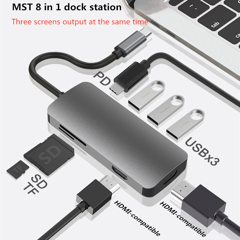 Macbook Pro 용 USB C 허브 트리플 디스플레이 유형 C 허브 듀얼 HDMI 호환 DP SD 카드 판독기 RJ45 3.5mm 12 in 1 어댑터 usb c dock