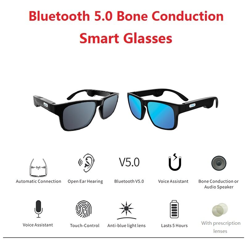 Bone Conduction Wireless Bluetooth 5.0 Smart Glasses Stereo Headset Polarized Sunglasses Can Be Matched With Prescription Lens