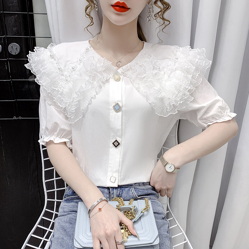 Chemise à volants perlés pour femmes, style coréen, manches courtes en dentelle, hauts boutons, chemisier multicolore, nouvelle collection 2021, 822i