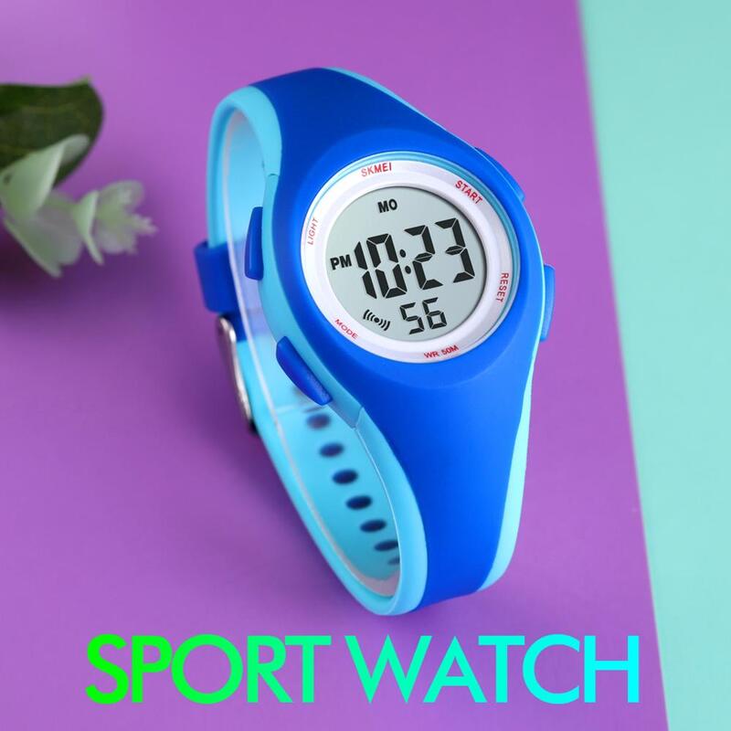 Skmei relógio digital esportivo para crianças, relógio digital com mais cores de 5 barras à prova d'água com alarme e visor luminoso